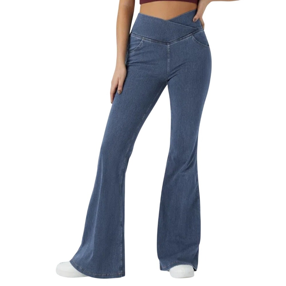Halara Flex High Waisted Crossover Flare Jeans Washed Denim Blue Medium